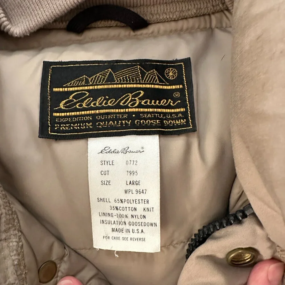 Vintage Eddie Bauer Down Filled Puffer Coat Tan Men's LARGE *no hood* USA Made